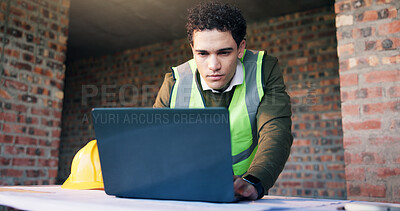 Buy stock photo Online, laptop and man reading for architect planning, research or strategy at construction site. Person, technology and engineer on internet for CAD, serious and productivity for civil engineering