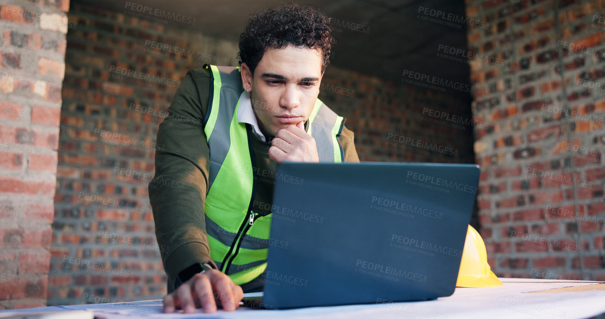 Buy stock photo Architect, man and thinking with laptop in building, renovation or planning for property development. Design, research and person with blueprint, reflection and civil engineering with technology