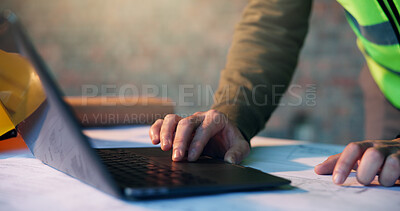 Buy stock photo Hands, laptop and man scroll for architect planning, research or strategy at construction site. Person, technology and engineer online for CAD, internet and productivity for civil engineering project