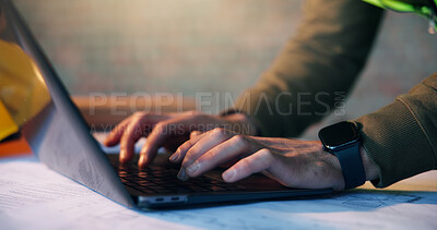 Buy stock photo Hands, laptop and person typing for architect planning, research or strategy at construction site. Man, technology and engineer online for CAD, internet and productivity for civil engineering