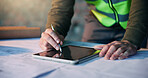 Hands, tablet and person drawing for architect planning, innovation or blueprint at construction site. Man, technology and engineer online for CAD, internet and productivity for civil engineering