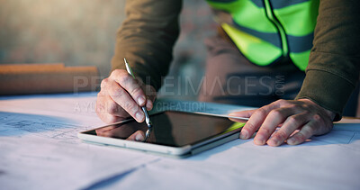 Buy stock photo Hands, tablet and person drawing for architect planning, innovation or blueprint at construction site. Man, technology and engineer online for CAD, internet and productivity for civil engineering