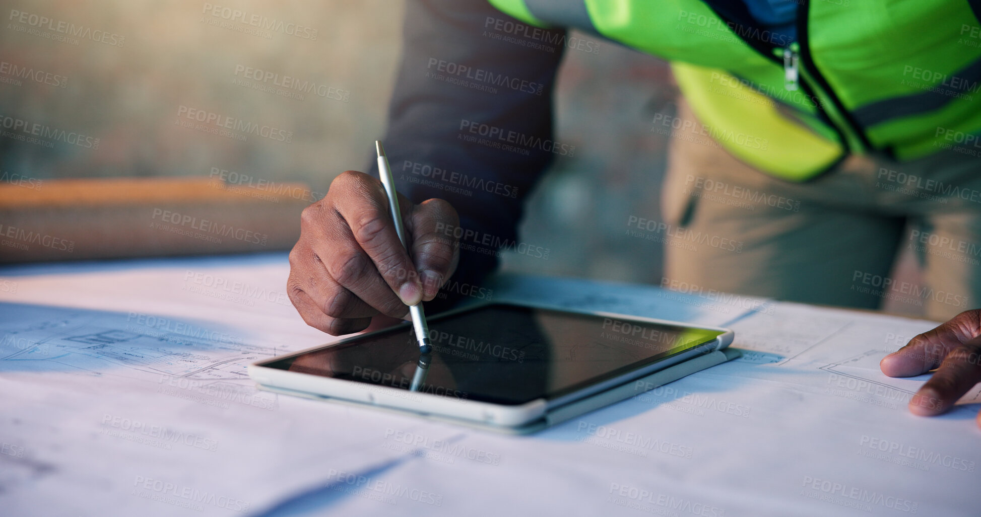Buy stock photo Hands, tablet and person drawing blueprint for architect planning, innovation and construction site. Man, technology and engineer online for CAD, sketch and productivity for civil engineering