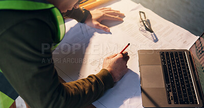 Buy stock photo Architect, hands and drawing blueprint on desk, design and renovation plans for property development. Civil engineering, sketch and person with documents, project management and creative architecture