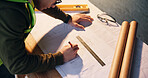 Architect, hands and sketch blueprint on table, planning or building design for property development. Civil engineering, drawing and person with documents for architecture and project management