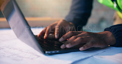 Buy stock photo Hands, laptop and person typing by blueprint for architect planning, research and construction site. Man, technology and engineer online for CAD, internet and productivity for civil engineering