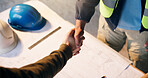 Engineer, construction site and handshake for development agreement, project approval or blueprint. Team, architect and people shaking hands for partnership, building deal or design collaboration