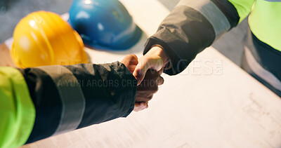 Buy stock photo Architect, construction site and handshake for development agreement, project approval or blueprint. Team, engineer and people shaking hands for partnership, building deal or design collaboration
