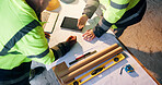 Construction, review or hands on site with blueprint, project discussion or insight on building layout. Above, people or architect with tech, industrial sheet feedback or teamwork on operation report