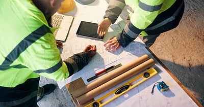 Buy stock photo Construction, review or hands on site with blueprint, project discussion or insight on building layout. Above, people or architect with tech, industrial sheet feedback or teamwork on operation report