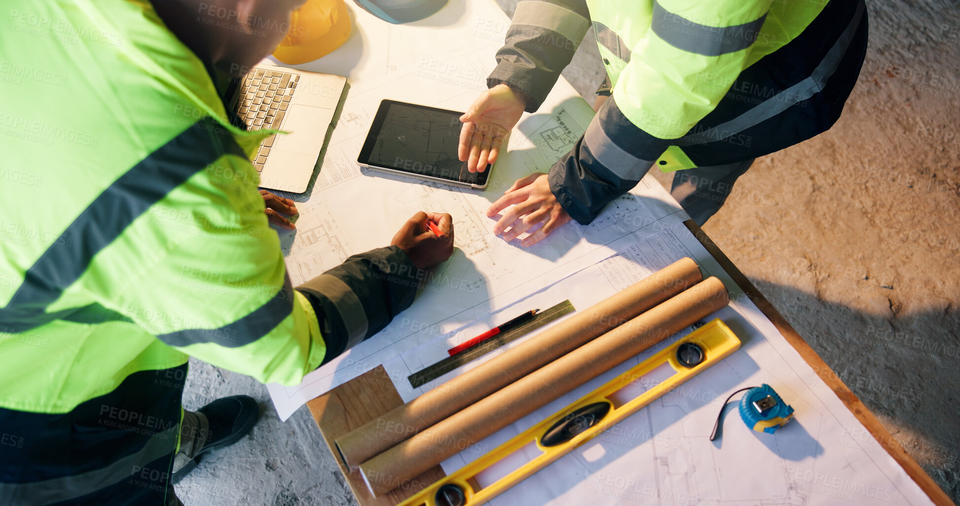 Buy stock photo Construction, review or hands on site with blueprint, project discussion or insight on building layout. Above, people or architect with tech, industrial sheet feedback or teamwork on operation report