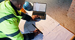 Architect, man and blueprint on laptop screen in building, sketch and plan for property development. Design, above and person with documents for project, back and civil engineering with technology