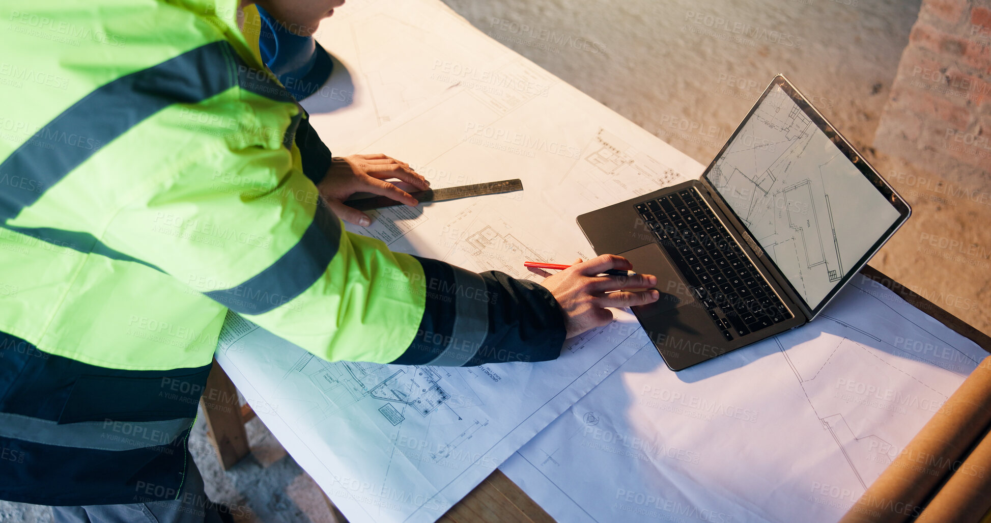 Buy stock photo Architect, hands and blueprint on laptop screen in building, sketch or plan for property development. Design, above and person with documents for project, online and civil engineering with technology