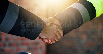 Buy stock photo Architect, construction site and shaking hands for building agreement, project cooperation or flare. People, engineer or handshake for partnership, development teamwork or  architecture collaboration