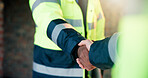 Architect, construction site and handshake for building agreement, project approval or support. Team, engineer or people shaking hands for partnership, development deal or  architecture collaboration