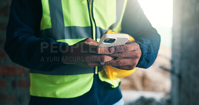 Buy stock photo Hands, phone and architect at construction site for development report, chat or online communication. Engineer, mobile or person with text message, project schedule or safety log for building review