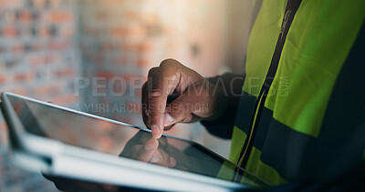 Buy stock photo Man, tablet or hands at construction site for planning, building renovation or development. Engineer, tech or scroll at worksite for project management, network or progress update in productivity app