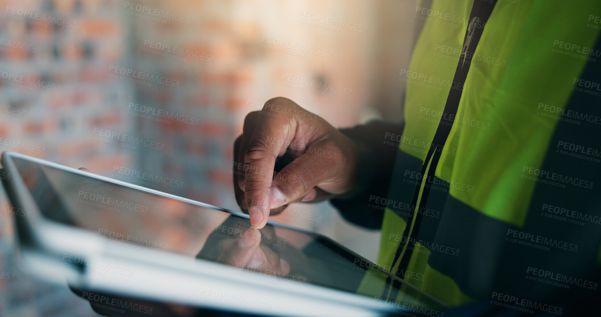 Buy stock photo Man, tablet or hands at construction site for planning, building renovation or development. Engineer, tech or scroll at worksite for project management, network or progress update in productivity app