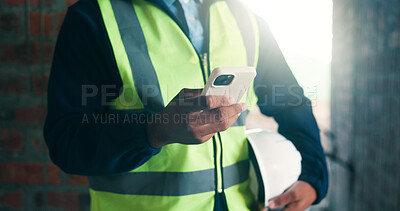 Buy stock photo Hands, phone and construction worker at site for development report, chat or online communication. Contractor, mobile and person with text message, project schedule or safety log for building review