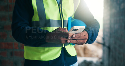 Buy stock photo Hands, phone and engineer at construction site for development report, chat or online communication. Contractor, mobile or person with text message, project schedule or safety log for building review