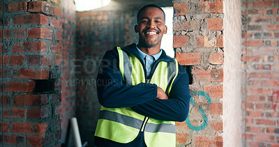 Buy stock photo Black man, arms crossed and portrait at construction site for renovation, building inspection or progress. Engineer, confident or smile at worksite for maintenance, about us or happy with development