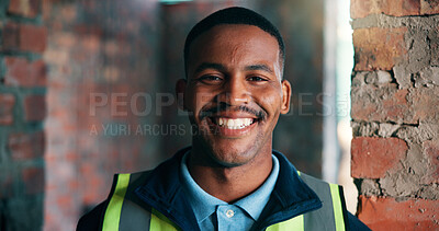 Buy stock photo Happy, man and portrait of construction worker on site for building, repairs or industrial project. Smile, contractor and civil engineer with pride for about us with renovation or maintenance.