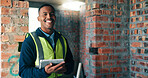 Black man, tablet and portrait at construction site for development, building inspection and renovation. Engineer, tech and smile at worksite for project management, compliance or happy with progress