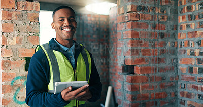 Buy stock photo Black man, tablet and portrait at construction site for development, building inspection and renovation. Engineer, tech and smile at worksite for project management, compliance or happy with progress