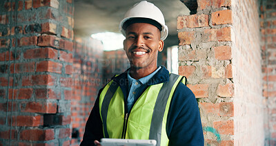 Buy stock photo Black man, tablet and portrait at construction site for renovation, building inspection and development. Engineer, tech and smile at worksite for project management, compliance or happy with progress