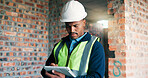 Black man, tablet or reading at construction site for planning, compliance issue or problem solving. Engineer, tech and worry at worksite for project management, building update and deadline feedback