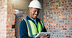 Black man, tablet and smile at construction site for planning, compliance and reading building update. Engineer, tech and happy at worksite for project management, productivity and deadline progress