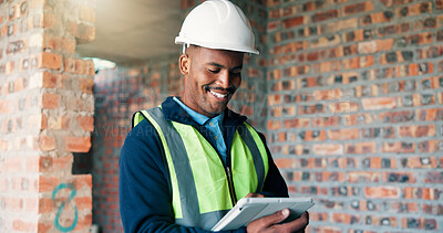 Buy stock photo Black man, tablet and smile at construction site for planning, compliance and reading building update. Engineer, tech and happy at worksite for project management, productivity and deadline progress