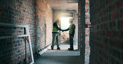 Buy stock photo Construction, handshake or people with safety inspection, building deal or approval in site check. Partnership, flare or engineers with shaking hands, agreement or clearance in compliance review.