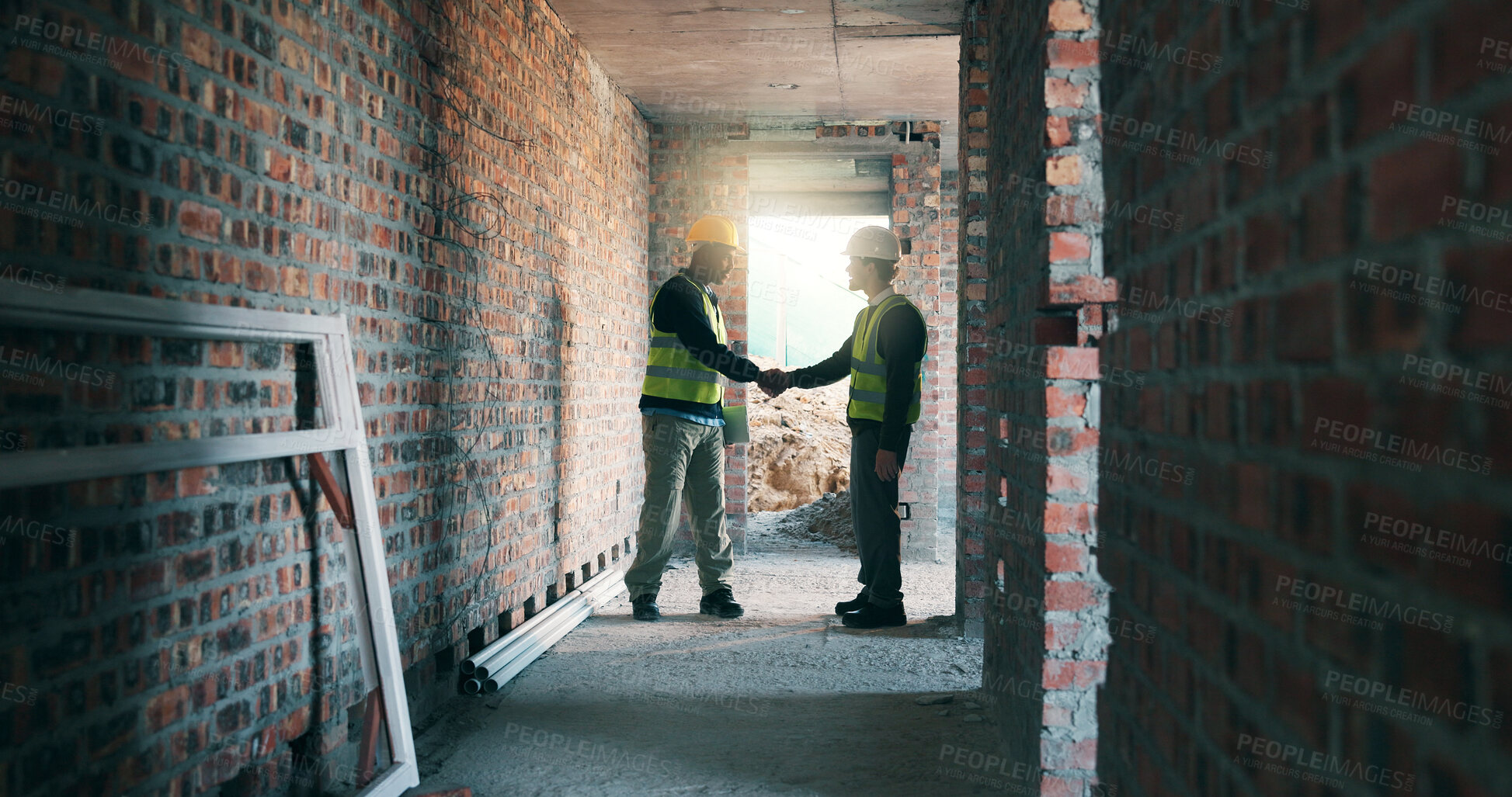 Buy stock photo Construction, handshake or people with safety inspection, building deal or approval in site check. Partnership, flare or engineers with shaking hands, agreement or clearance in compliance review.