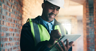 Buy stock photo Black man, tablet and smile at construction site for renovation, building inspection and development. Engineer, tech and stylus at worksite for project management, compliance or happy with progress