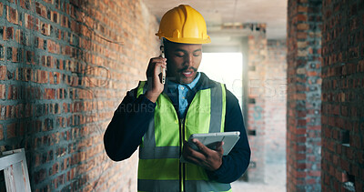 Buy stock photo Black man, tablet and phone call at construction site for renovation, building inspection and advice. Engineer, tech and contact at worksite for project management, compliance or progress feedback