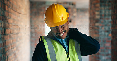 Buy stock photo Construction, fatigue and neck pain with black man on worksite for industry or property development. Architecture, building and injury with engineer in hardhat for industrial or project management