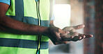 Building, fatigue and hand pain with man on worksite for symptoms or arthritis or fibromyalgia. Architecture, cramp and engineering with construction worker in vest for property development injury
