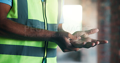 Buy stock photo Building, fatigue and hand pain with man on worksite for symptoms or arthritis or fibromyalgia. Architecture, cramp and engineering with construction worker in vest for property development injury