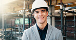Smile, man and portrait of construction worker by infrastructure on site for building foundation. Happy, scaffolding and civil engineer with pride for about us with renovation, repairs or maintenance