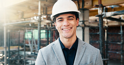 Buy stock photo Smile, man and portrait of construction worker by infrastructure on site for building foundation. Happy, scaffolding and civil engineer with pride for about us with renovation, repairs or maintenance