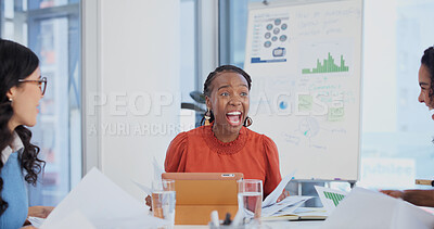 Buy stock photo Excited, shout and women in office meeting with document, financial profit charts or team achievement. Happy people, paperwork data and celebration for capital funding, scream yes and IPO success