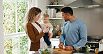Family, baby and happy with cooking in kitchen of home for bonding, teaching and support. People, parents and smile or excited for preparing dinner with ingredients or vegetable for child development