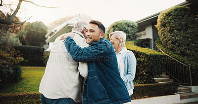 Buy stock photo Hug, property and smile with family at new home together for celebration or relocation. Achievement, people and senior parents in backyard of apartment for real estate investment or purchase