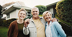 Family, portrait and smile with keys for real estate, mortgage and new home or moving in neighborhood. Mature parents, adult daughter and happy with security for property investment and outdoor house