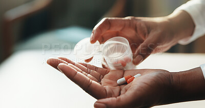 Buy stock photo Medical, healing and hand in clinic with pills, care plan or health treatment with medication. Healthcare, cure or woman with drugs, capsule option or recovery prescription in pharmaceutical solution