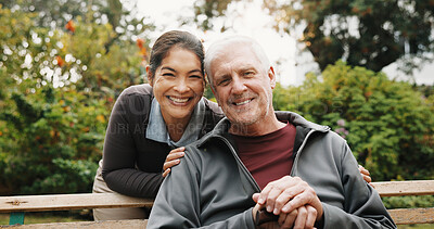 Buy stock photo Support, smile and old man with caregiver on park bench for wellness, rehabilitation and relax. Carer, retirement and portrait of happy people outdoor with trust, care and bonding for connection