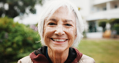 Buy stock photo Wellness, portrait or old woman in backyard with smile, fresh air or positive attitude on weekend break. Wellbeing, happy or elderly person with confidence, outdoor unwind or good mood in retirement.