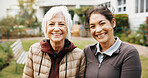 Support, smile and old woman with caregiver at garden for wellness, rehabilitation and connection. Carer, backyard and portrait of happy people outdoor with trust, care and bonding by retirement home