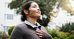 Smile, woman and meditation in nature for fitness, mindfulness and holistic balance for zen. Thinking, female person and happy at park for inner peace, spiritual healing and fresh air for wellness